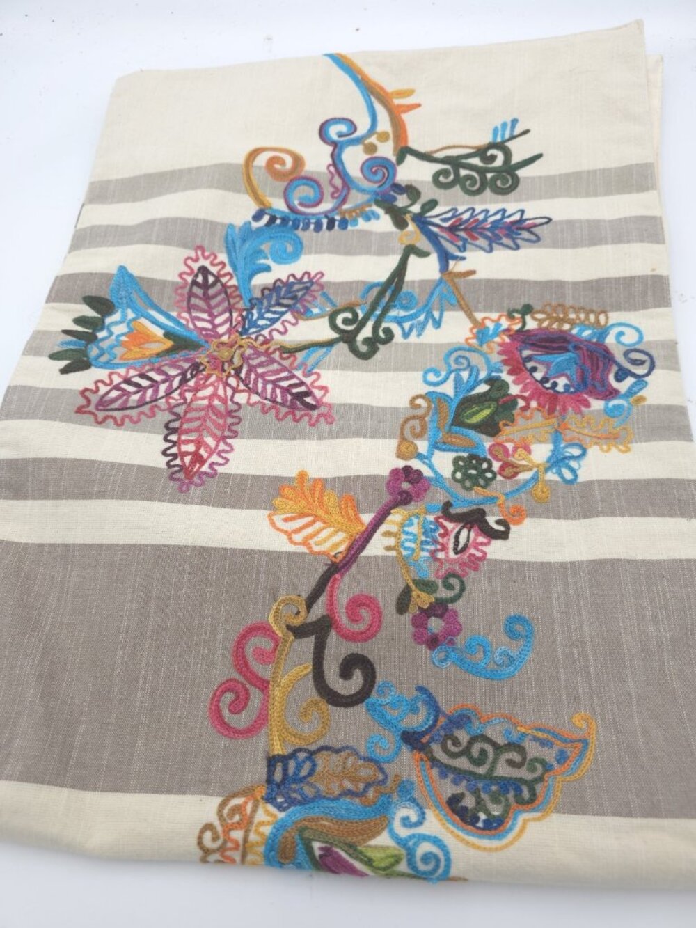 World Market Embroidered Table Runner 16x90 Cotton Floral Boho Gray Cream